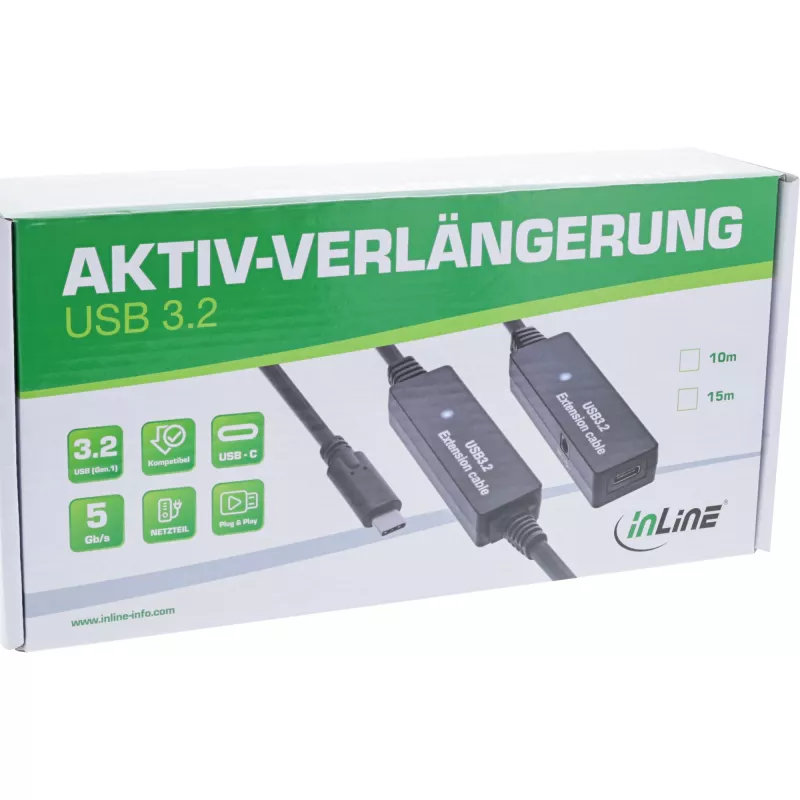 Cavo di prolunga attivo USB 3.2 Gen.1 InLine, connettore maschio USB-C su connettore femmina USB-C, 10 m