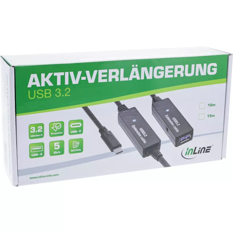 Prolunga attiva USB 3.2 Gen.1 InLine, connettore maschio USB-C su connettore femmina USB-A, 15 m