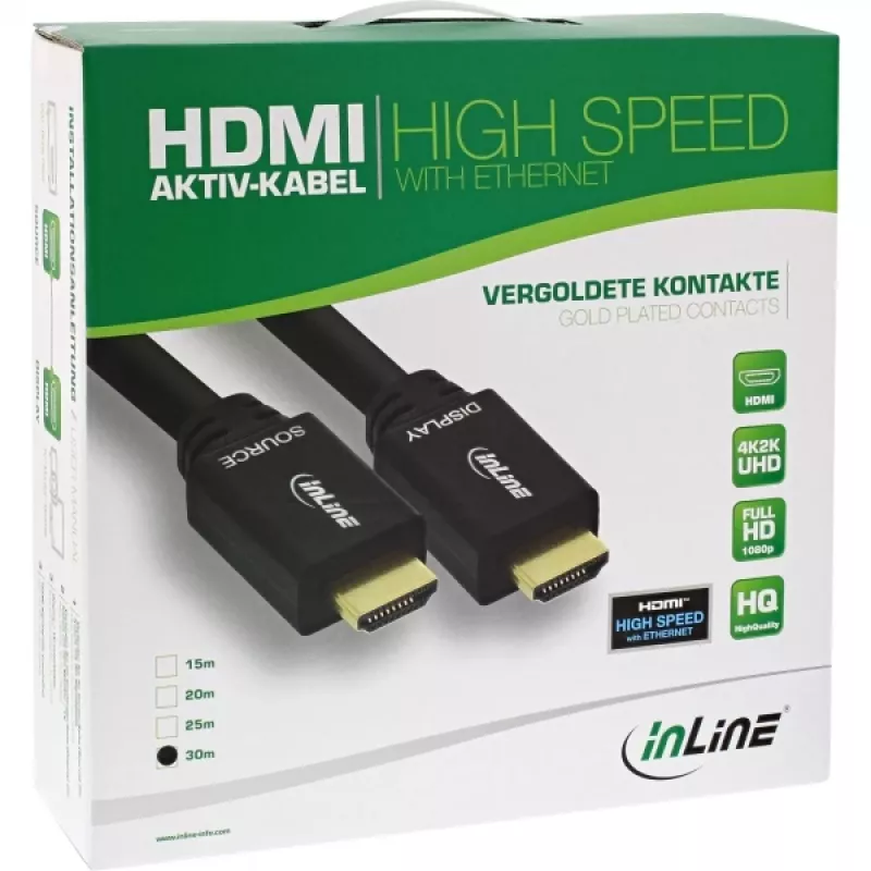 Cavo HDMI High Speed attivo InLine con Ethernet, M/M, nero, contatti dorati, 30 m
