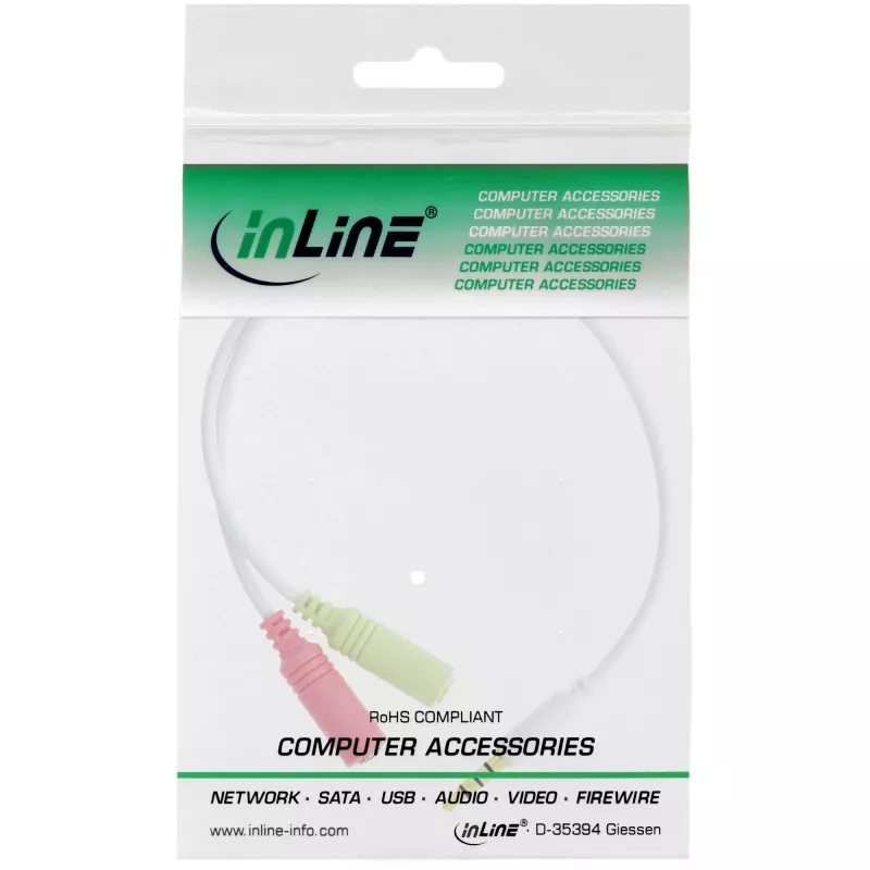 Cavo adattatore audio per headset InLine connettore 3,5 mm 4 poli / 2x 3,5 mm bianco 0,15 m
