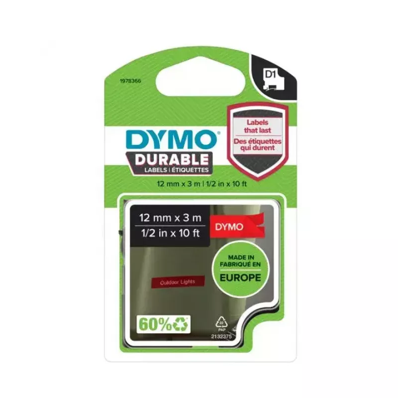 DYMO D1 1978366 Nastro per etichette, bianco su rosso, 12 mm x 3 m