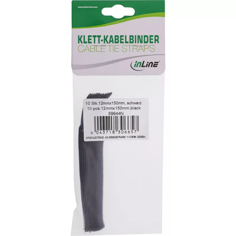 Fascette per cavi in velcro InLine 12×150 mm, 10 pezzi, nero