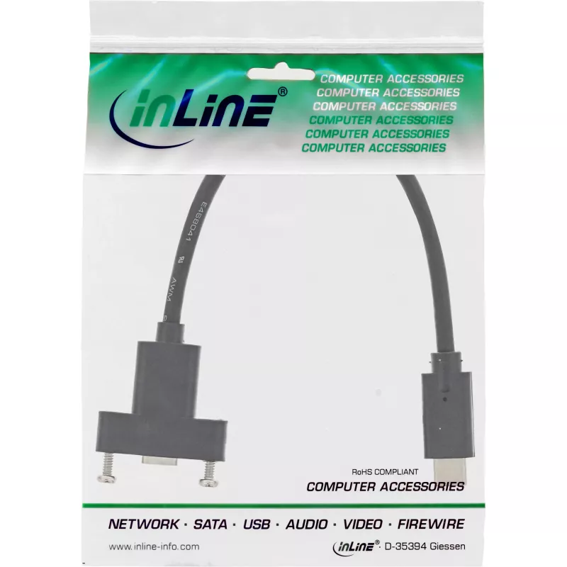 InLine cavo USB 3.2 Gen.2 Type-C connettore maschio / connettore femmina con flangia, nero, 0,20 m