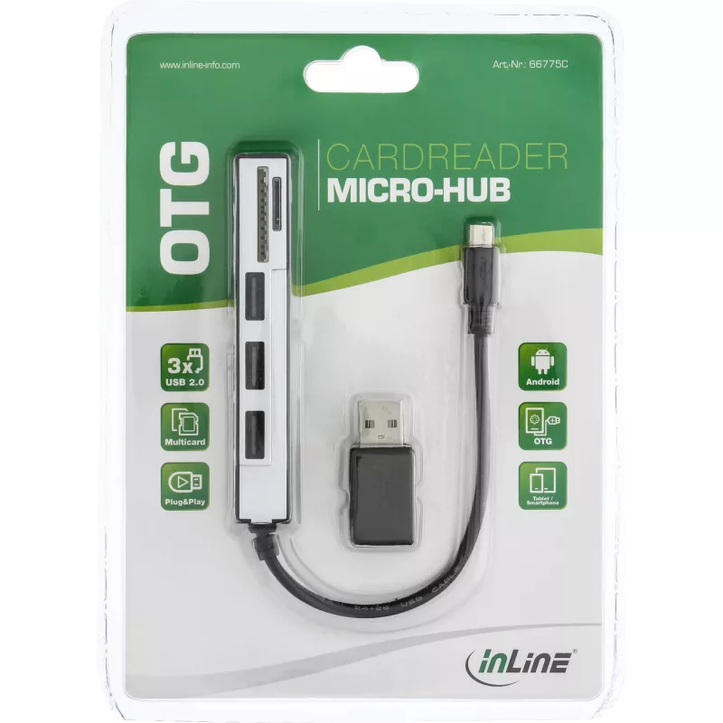 Lettore di schede USB OTG InLine e hub USB 2.0 a 3 porte per SDXC e microSD + adattatore