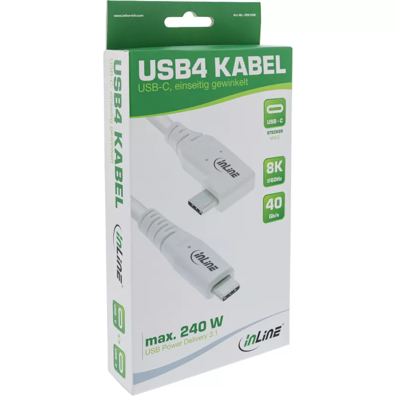 Cavo USB4 InLine, USB-C, angolato su un lato, PD 240W, 8K60Hz, TPE, bianco, 1 m