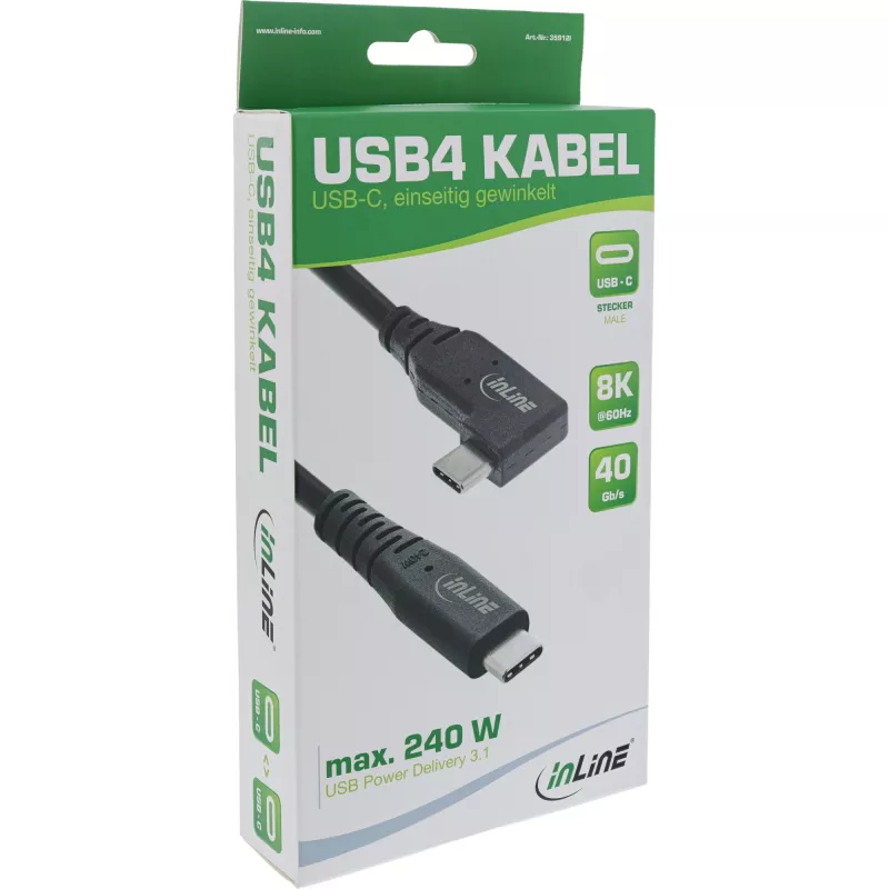 Cavo USB4 InLine, USB-C, angolato su un lato, PD 240W, 8K60Hz, TPE, nero, 1 m