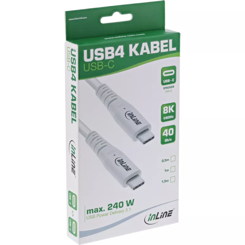 Cavo USB4 InLine, USB-C maschio/maschio, PD 240W, 8K60Hz, TPE, bianco, 1,5 m