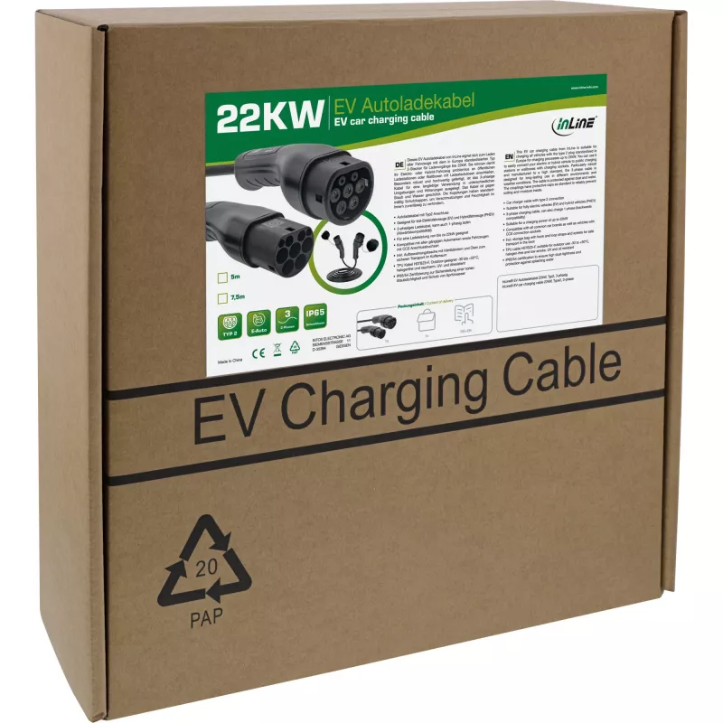 InLine Cavo di ricarica EV 22 kW Tipo 2, 3 fasi, 7,5 m