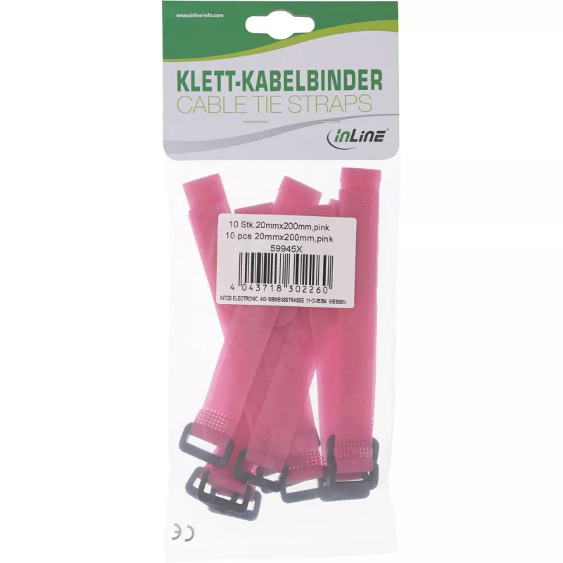 Fascette per cavi InLine con chiusura a velcro 20 x 200 mm, 10 pezzi, rosa