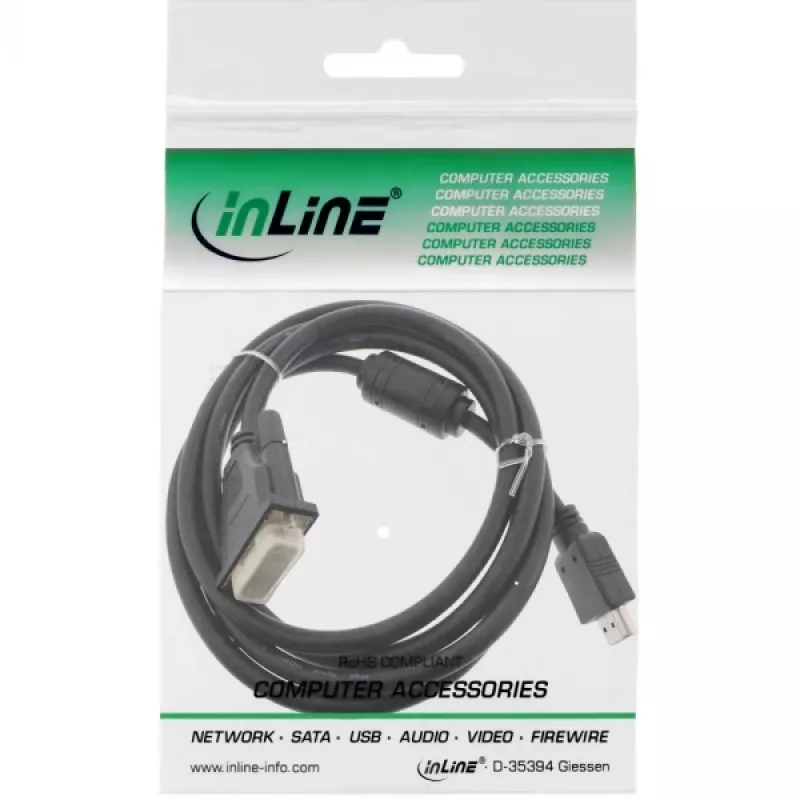 Cavo HDMI-DVI InLine 19 pin maschio / 18+1 maschio + nucleo in ferrite nero 1,8 m