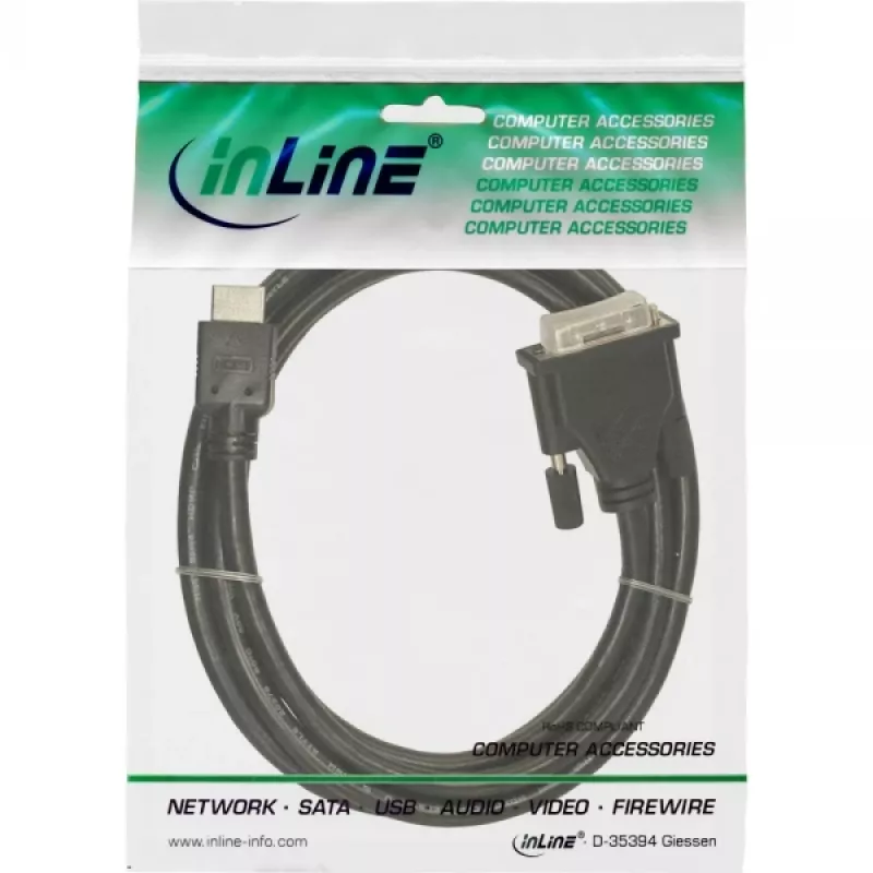 Cavo HDMI-DVI InLine 19 pin maschio / 18+1 maschio + nucleo in ferrite nero 5 m