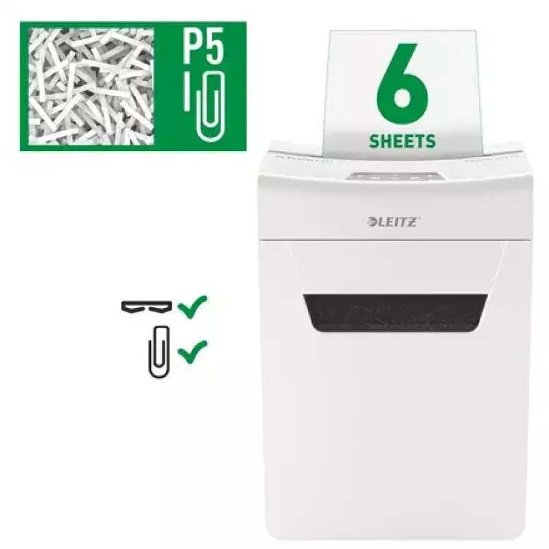 Distruggidocumenti LEITZ IQ Protect Premium 6M P5 – taglio micro, 18 L, controllo touch, 351×204×355 mm