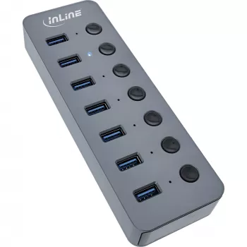 Hub InLine USB 3.2 Gen.1, 7 porte, con interruttore, alluminio, grigio, con alimentatore