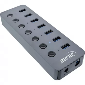 Hub InLine USB 3.2 Gen.1, 7 porte, con interruttore, alluminio, grigio, con alimentatore