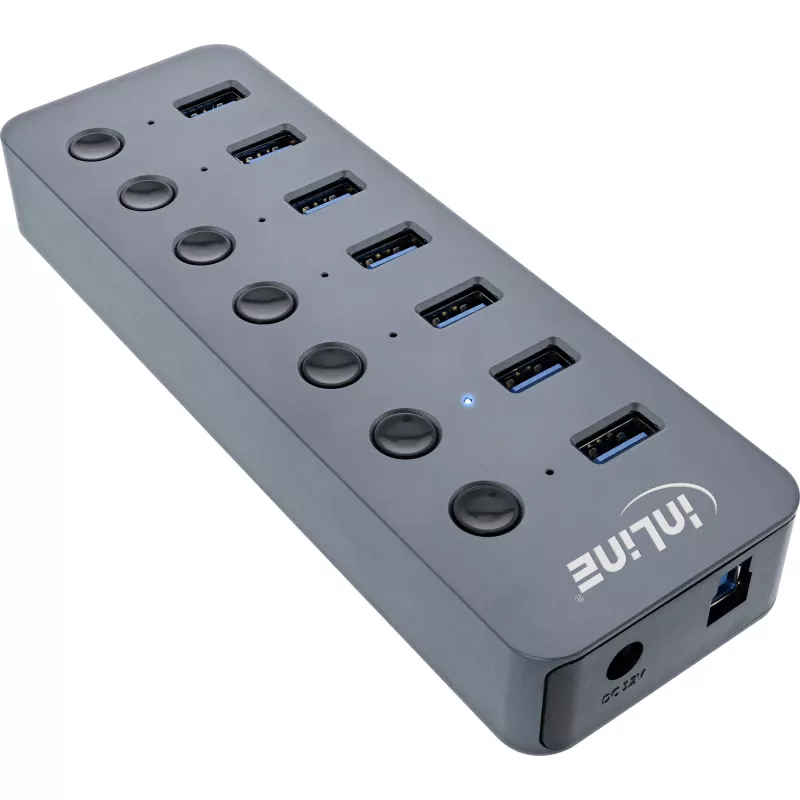 Hub InLine USB 3.2 Gen.1, 7 porte, con interruttore, alluminio, grigio, con alimentatore