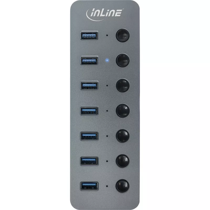 Hub InLine USB 3.2 Gen.1, 7 porte, con interruttore, alluminio, grigio, con alimentatore