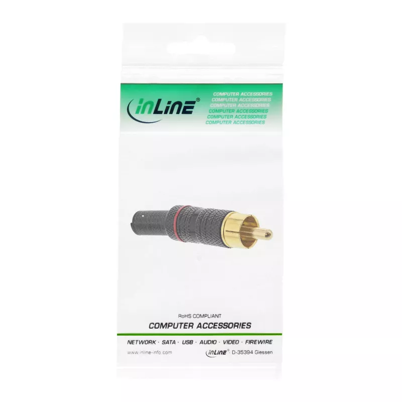 InLine connettore maschio RCA in metallo da saldare, nero, anello rosso, per cavo 6 mm