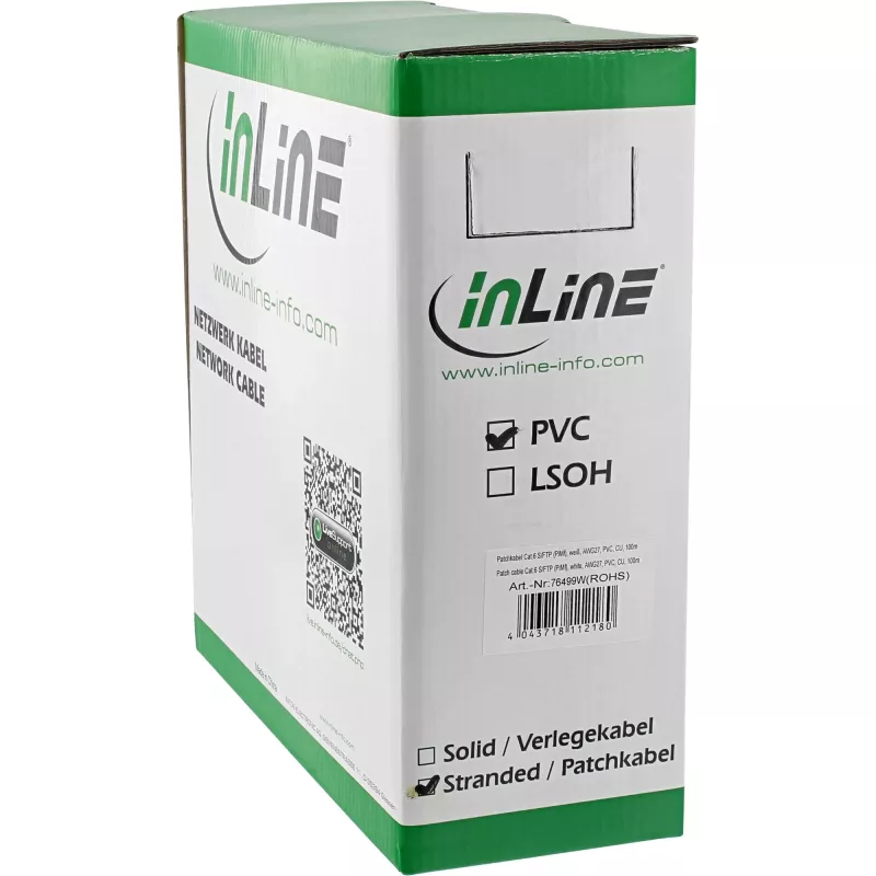 Cavo patch InLine S/FTP PiMF Cat.6 AWG27 PVC CU 100 m, bianco