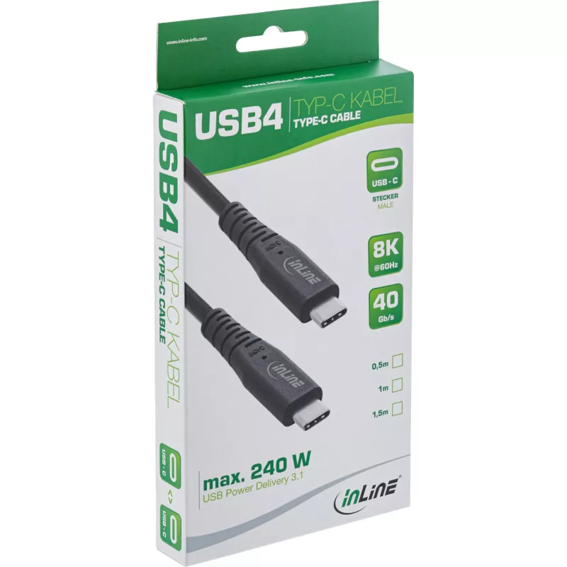 Cavo USB4 InLine, USB-C maschio/maschio, PD 240W, 8K60Hz, TPE nero 1 m