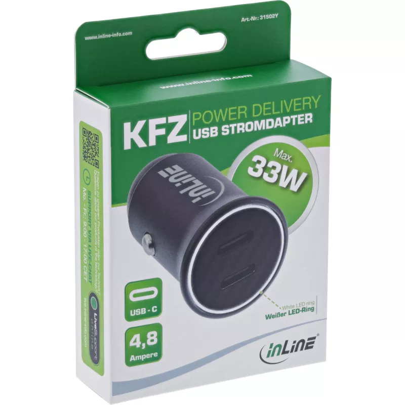 Adattatore caricabatterie USB da auto InLine Power Delivery, 2x USB-C, nero