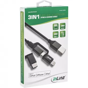 Cavo USB 3-in-1 InLine, USB-A maschio su Micro-USB+USB-C+Lightning, nero/alluminio