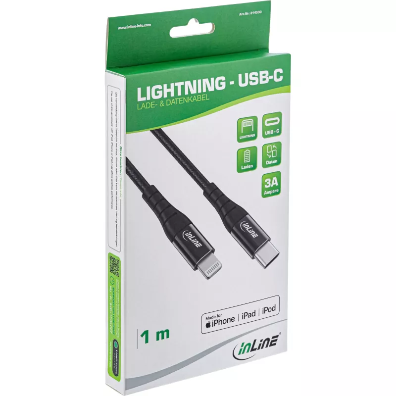 Cavo InLine USB-C su Lightning, per iPad, iPhone, iPod, nero/alluminio, 2 m MFi