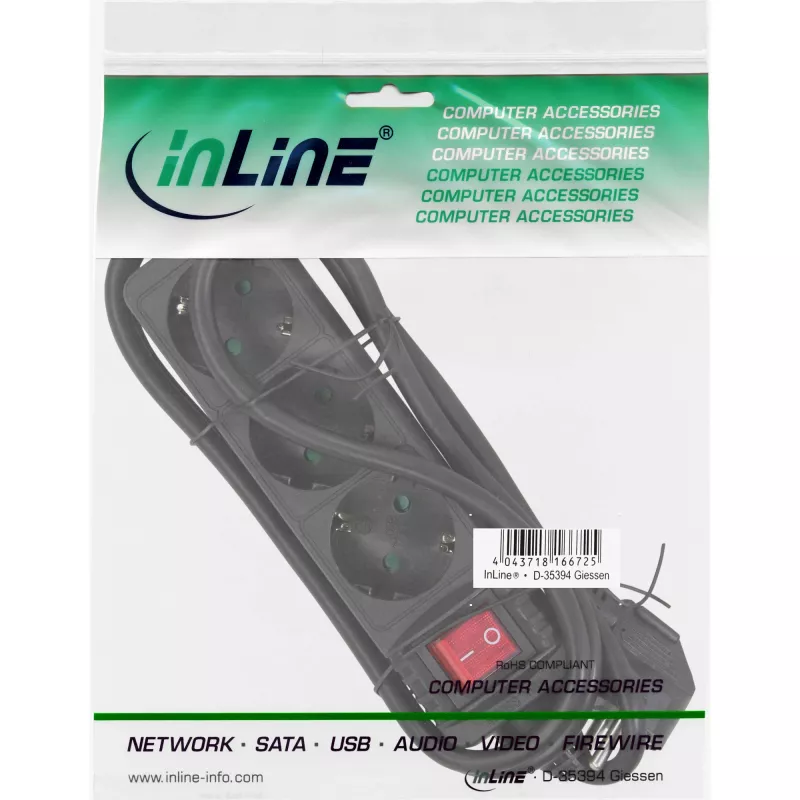 Ciabatta InLine, 3 prese Schuko CEE 7/3, con interruttore, nera, 5 m