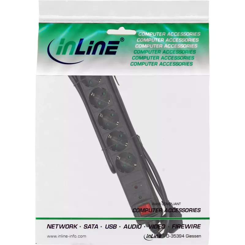 Ciabatta InLine CEE 7/3, 6 prese, protezione sovratensione, interruttore, nero