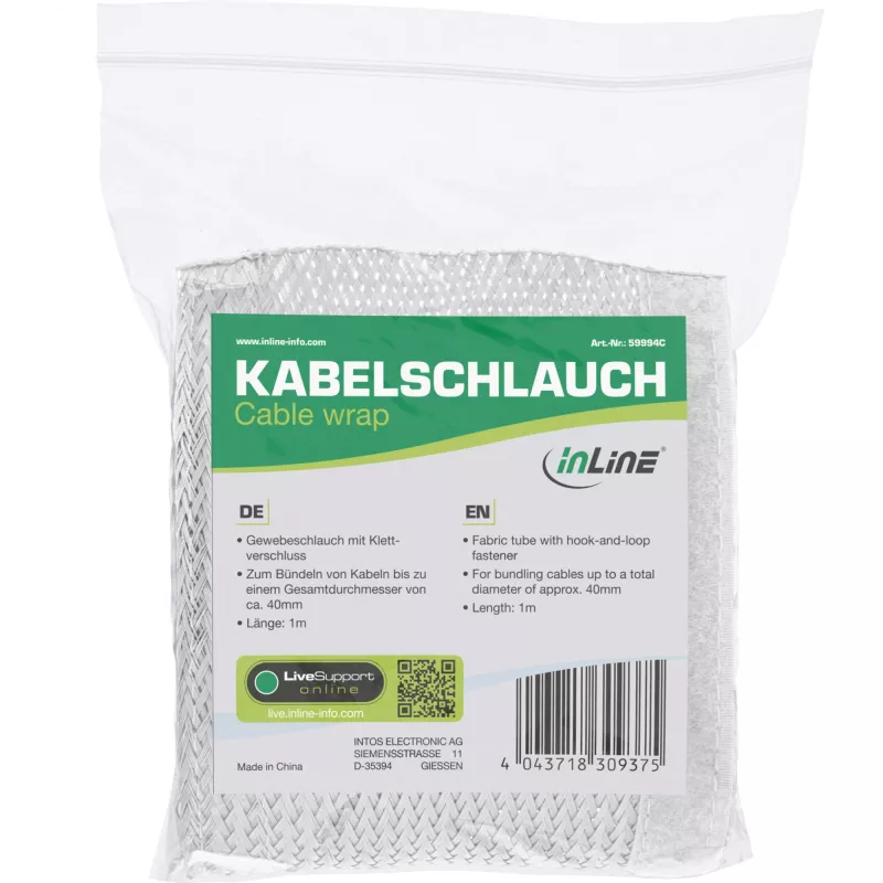 InLine Guaina per cavi in tessuto con chiusura a velcro, 1 m x 40 mm, bianco