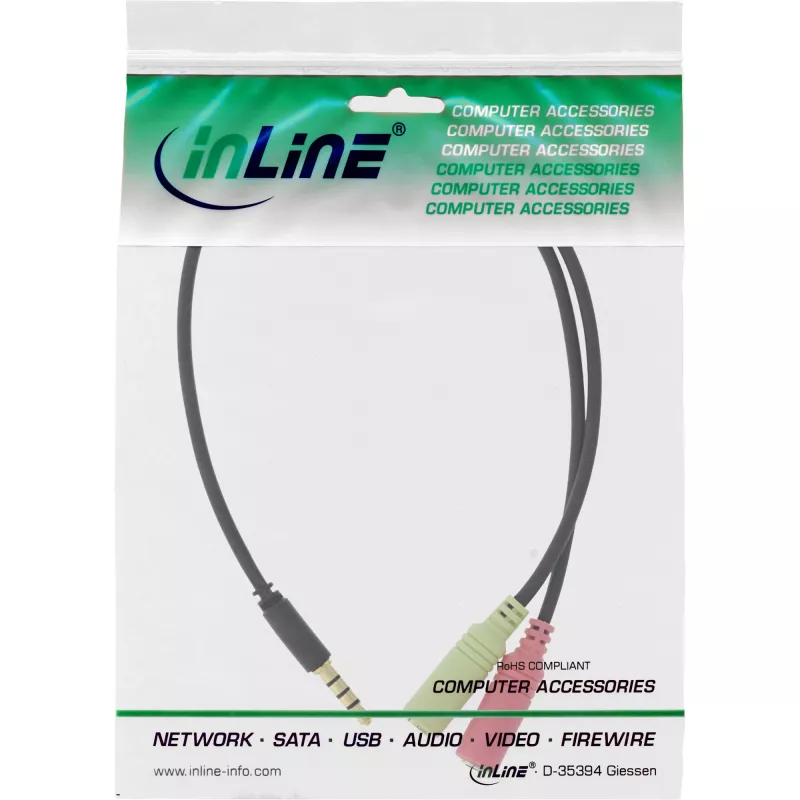 Cavo adattatore audio per headset InLine jack 3,5 mm connettore maschio 4 poli / 2x 3,5 mm, nero, 2 m
