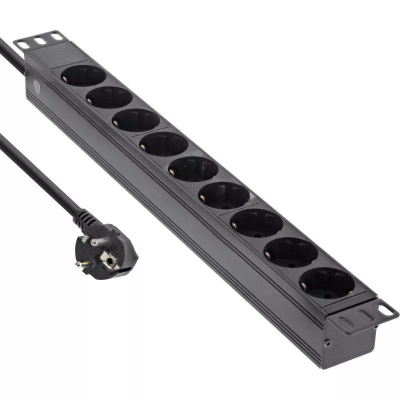 Ciabatta InLine 19 pollici, 9 prese Schuko, senza interruttore, 2 m, nero