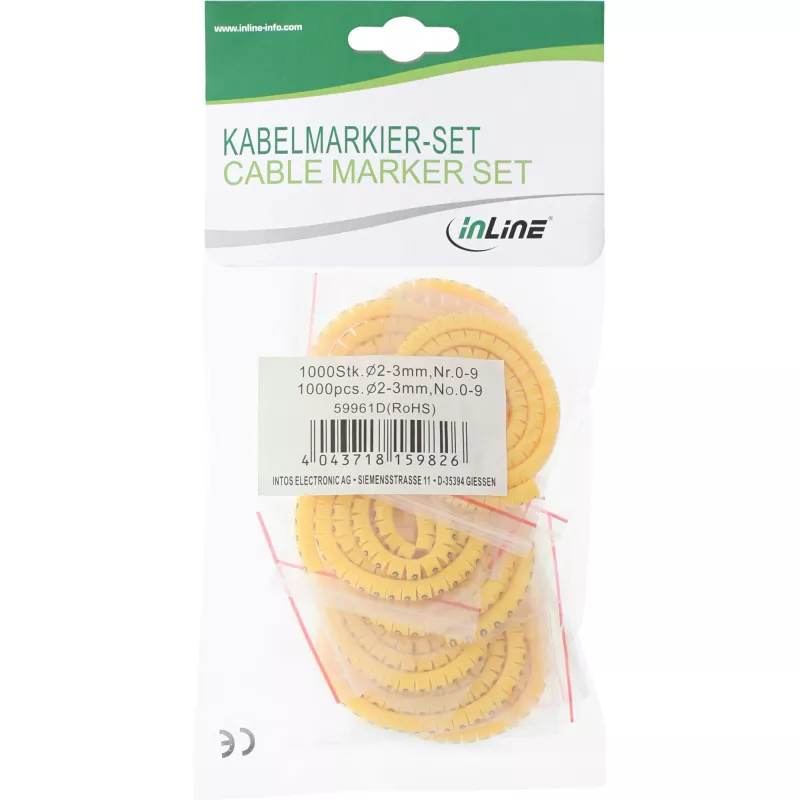 Guaine per marcatura cavi InLine 2–3 mm, numeriche 0–9, 1000 pz., giallo