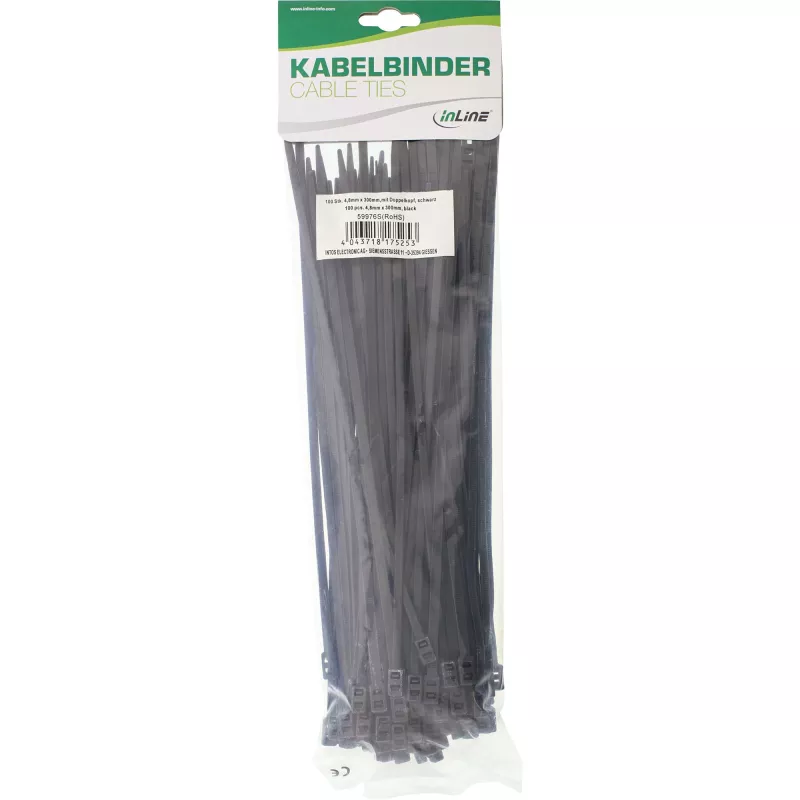Fascette serracavi a doppia testa montabili InLine 300 mm x 4,8 mm, nylon, nero, 100 pezzi