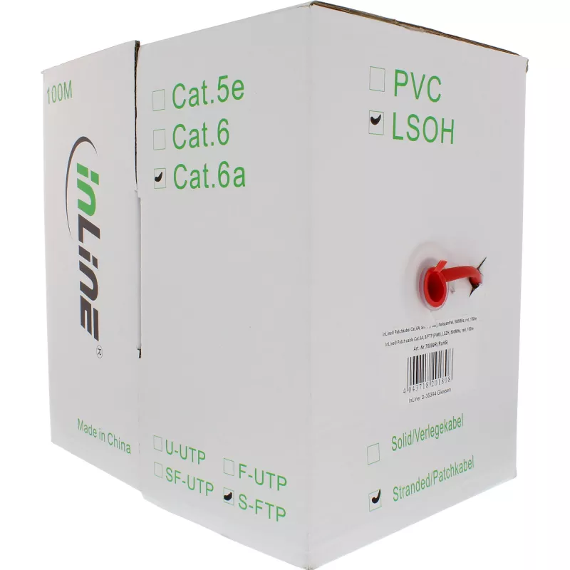 Cavo patch InLine S/FTP PiMF Cat.6A senza alogeni 500MHz rosso 100m