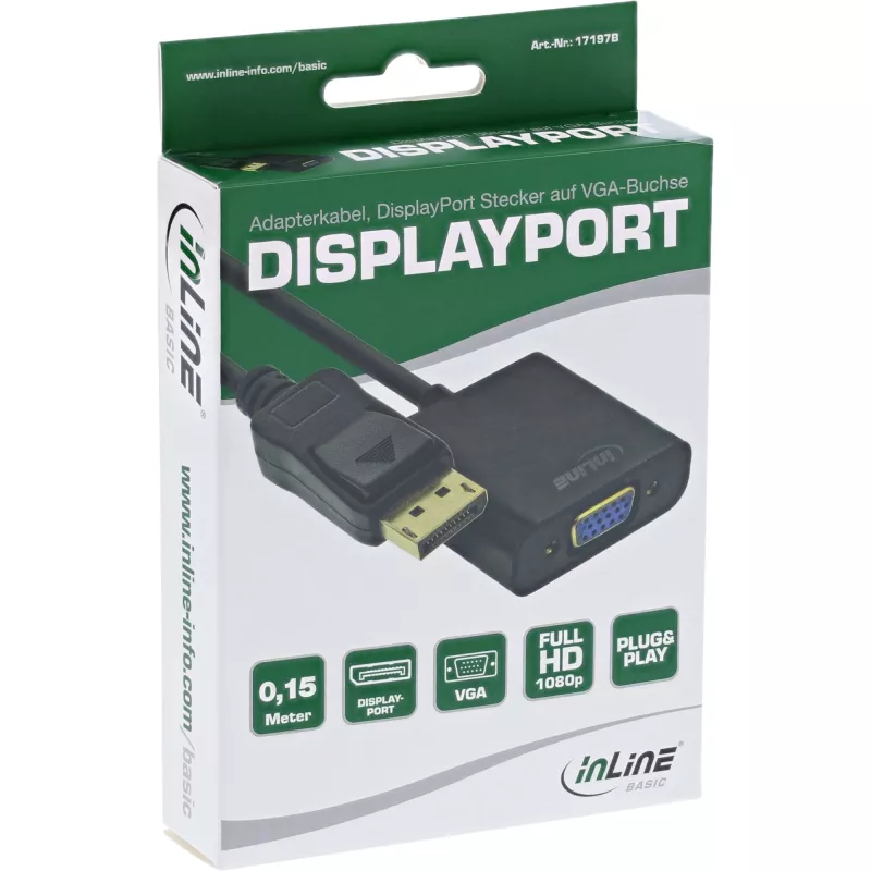 Cavo adattatore DisplayPort InLine Basic, connettore maschio DP / connettore femmina VGA nero 0,15 m