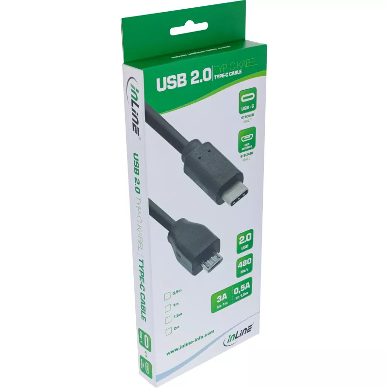Cavo USB 2.0 InLine, connettore maschio USB-C / connettore maschio Micro-B, nero, 1 m