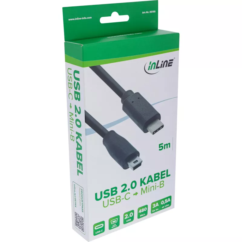 Cavo USB 2.0 InLine, connettore maschio USB-C / connettore maschio Mini-B (5 poli), nero, 5 m