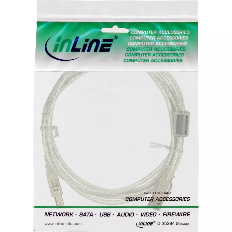 Cavo USB 2.0 Type-A maschio / B maschio trasparente con nucleo in ferrite 0,5 m InLine 34505