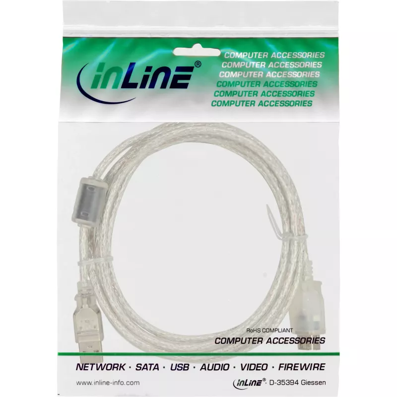 Prolunga USB 2.0 InLine Type-A maschio/femmina, trasparente, con ferrite, 1 m