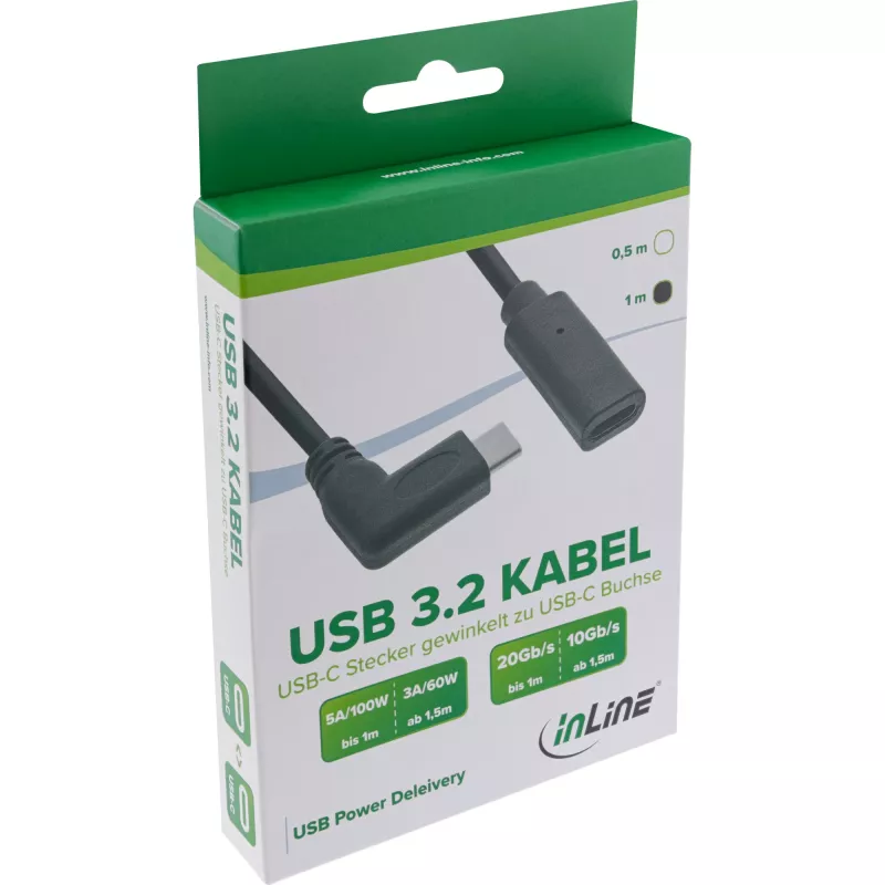 Cavo InLine USB 3.2 Gen.1x2, connettore maschio USB-C angolare / connettore femmina, nero, 1 m