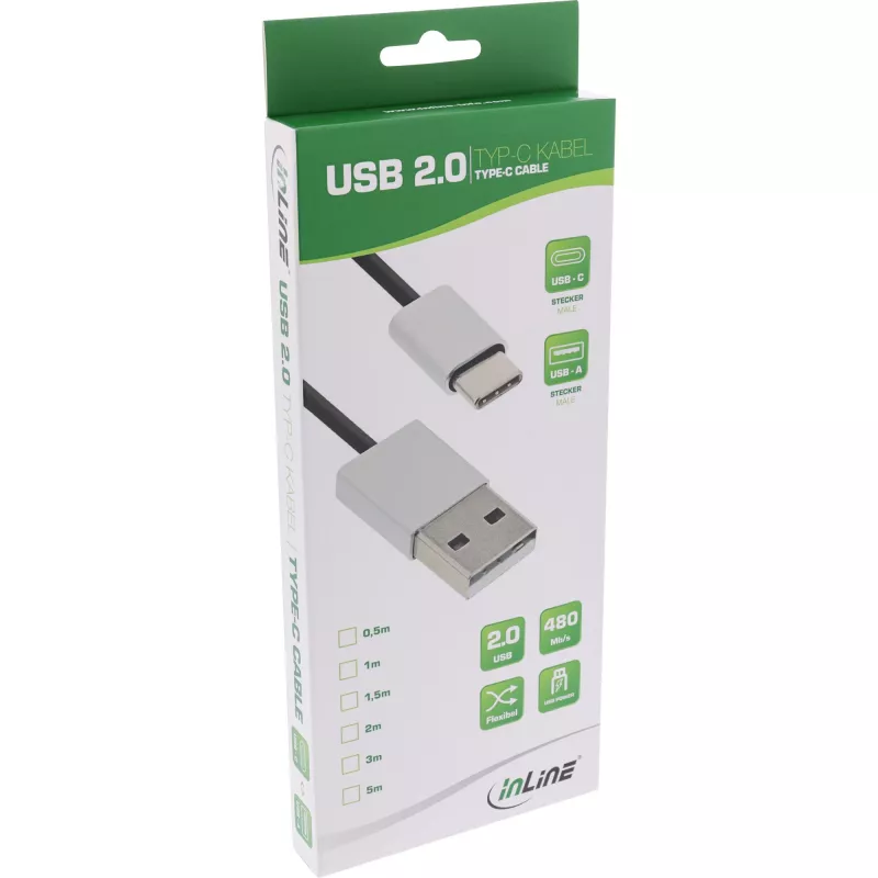 Cavo InLine USB 2.0, connettore maschio USB-C / connettore maschio USB-A, nero/alluminio, flessibile, 1,5 m