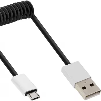 Cavo a spirale InLine Micro-USB 2.0, Type-A/Micro-B M/M, nero/alluminio, flessibile 3 m