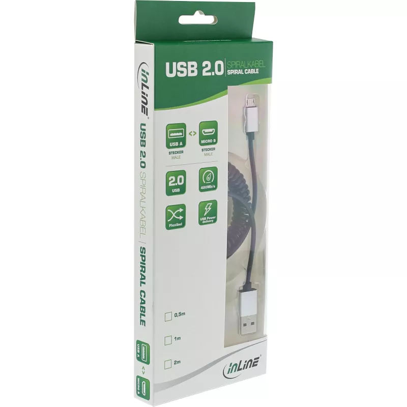 Cavo a spirale InLine Micro-USB 2.0, Type-A/Micro-B M/M, nero/alluminio, flessibile 3 m