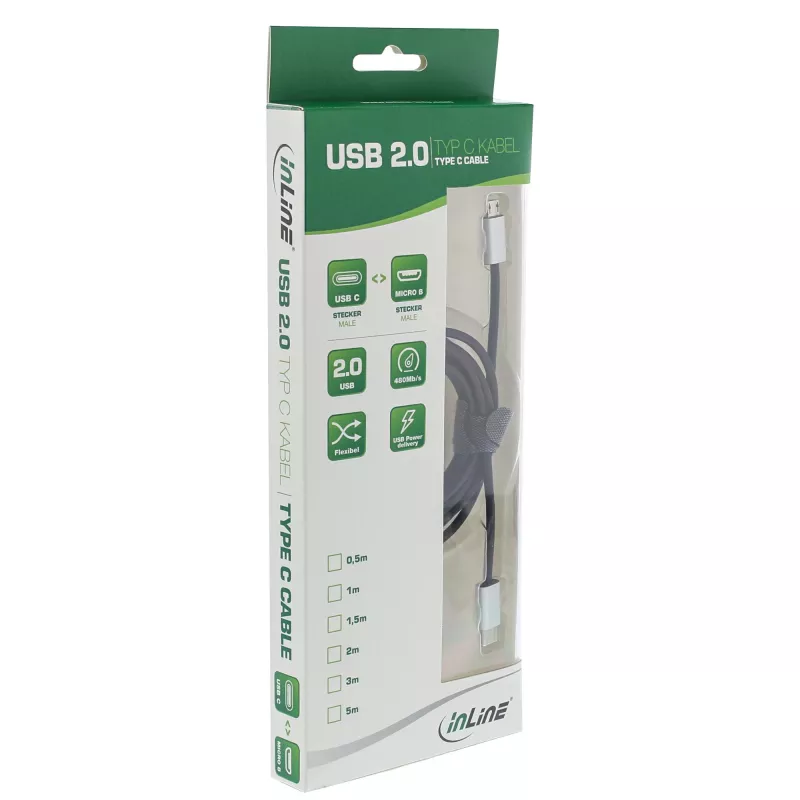 Cavo InLine USB 2.0, connettore maschio USB-C / connettore maschio Micro-B, nero/alluminio, flessibile, 1,5 m
