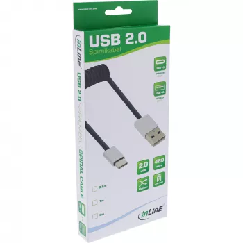 Cavo a spirale InLine USB 2.0, connettore maschio USB-C / connettore maschio USB-A, nero/alluminio, flessibile, 1 m