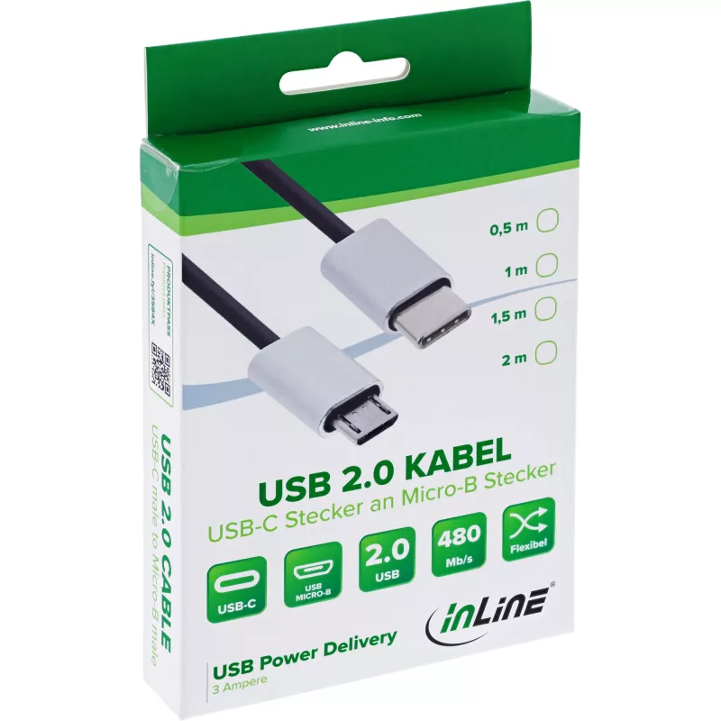Cavo InLine USB 2.0, connettore maschio USB-C / connettore maschio Micro-B, nero/alluminio, flessibile, 0,5 m