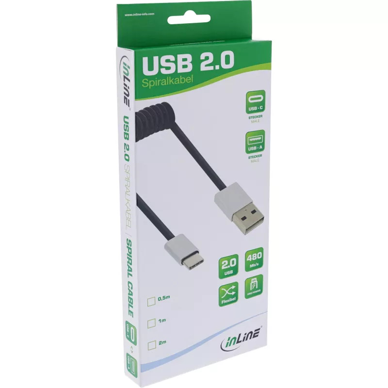Cavo a spirale InLine USB 2.0, connettore maschio USB-C / connettore maschio USB-A, nero/alluminio, flessibile, 2 m