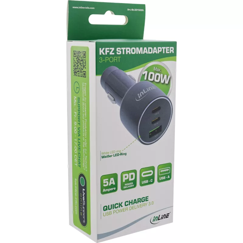 Caricabatterie da auto USB InLine Power Delivery, 2x USB-C + QC USB-A, nero