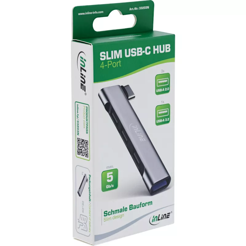InLine hub USB-C slim, 4 porte, USB 3.0 + 3x USB 2.0, design slim