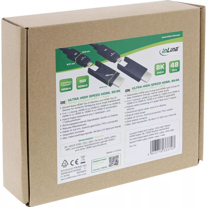 Cavo HDMI AOC InLine, Ultra High Speed HDMI, 8K4K, connettore rimovibile, 10m